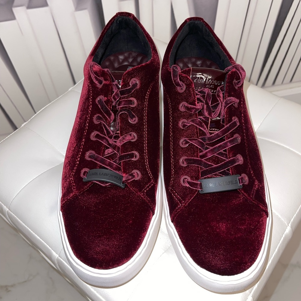 Karl Largerfeld maroon velvet lace up sneakers